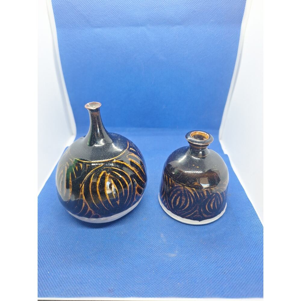 Allen Graef Studio Pottery Vase Pair Brown Glaze Hand Thrown Signed Set - Nice!